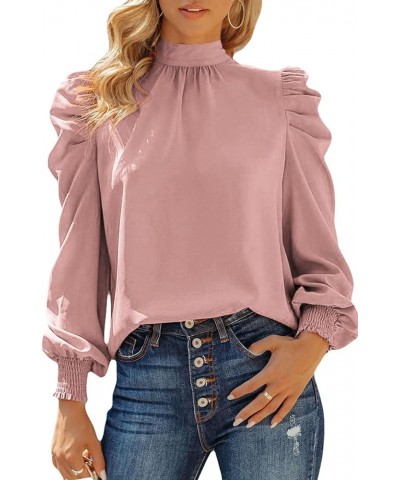 Womens High Neck Puff Long Sleeve Dressy Casual Work Loose Blouses Tops Shirts Pink $18.19 Blouses