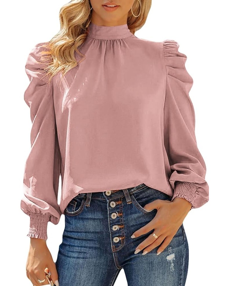 Womens High Neck Puff Long Sleeve Dressy Casual Work Loose Blouses Tops Shirts Pink $18.19 Blouses