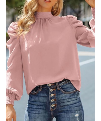 Womens High Neck Puff Long Sleeve Dressy Casual Work Loose Blouses Tops Shirts Pink $18.19 Blouses