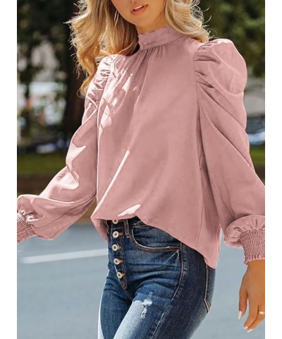 Womens High Neck Puff Long Sleeve Dressy Casual Work Loose Blouses Tops Shirts Pink $18.19 Blouses