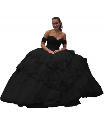 Women's Lace Appliques Ball Gown Quinceanera Dresses with Detachable Sleeves Black $70.95 Dresses