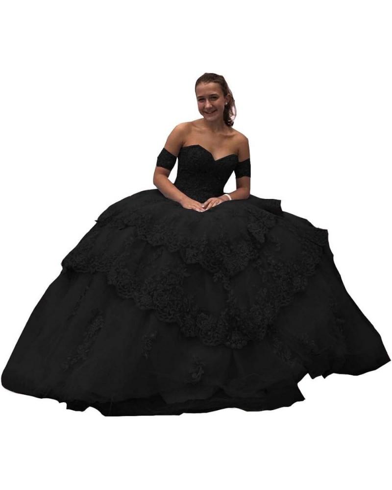 Women's Lace Appliques Ball Gown Quinceanera Dresses with Detachable Sleeves Black $70.95 Dresses