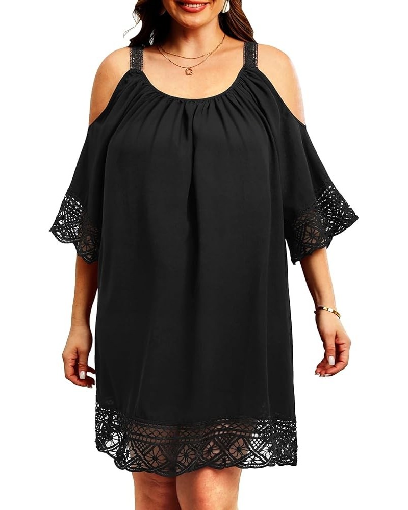 Plus Size Swimsuit Cover Ups Women Cold Shoulder Dress Loose Crochet Lace Sleeves Beach Coverup Black $18.89 Swimsuits