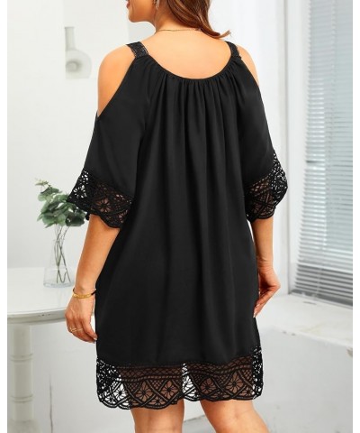 Plus Size Swimsuit Cover Ups Women Cold Shoulder Dress Loose Crochet Lace Sleeves Beach Coverup Black $18.89 Swimsuits