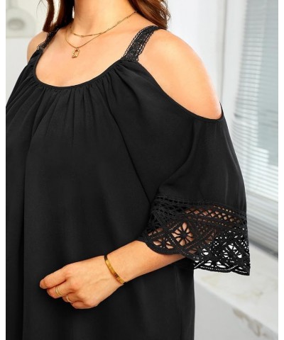 Plus Size Swimsuit Cover Ups Women Cold Shoulder Dress Loose Crochet Lace Sleeves Beach Coverup Black $18.89 Swimsuits