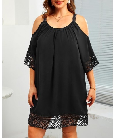 Plus Size Swimsuit Cover Ups Women Cold Shoulder Dress Loose Crochet Lace Sleeves Beach Coverup Black $18.89 Swimsuits