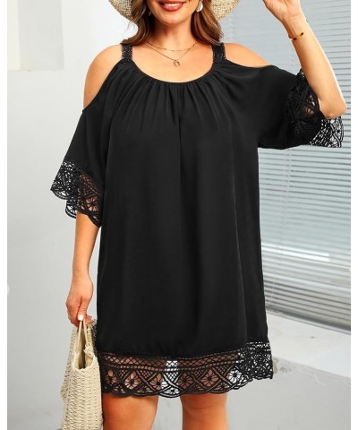 Plus Size Swimsuit Cover Ups Women Cold Shoulder Dress Loose Crochet Lace Sleeves Beach Coverup Black $18.89 Swimsuits