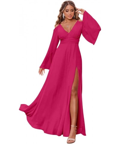 Women's V Neck Bridesmaid Dresses with Slit Long Sleeves Pleated Chiffon Formal Evening Gown Hot Pink $34.00 Dresses