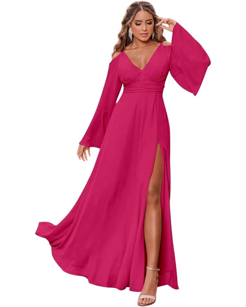 Women's V Neck Bridesmaid Dresses with Slit Long Sleeves Pleated Chiffon Formal Evening Gown Hot Pink $34.00 Dresses