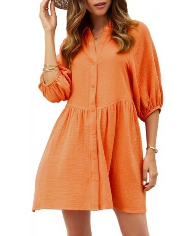 Women's Summer Dress V Neck 3/4 Puff Sleeve Button Down Cotton Shirts Dresses Orange $20.11 Dresses