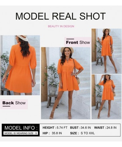 Women's Summer Dress V Neck 3/4 Puff Sleeve Button Down Cotton Shirts Dresses Orange $20.11 Dresses