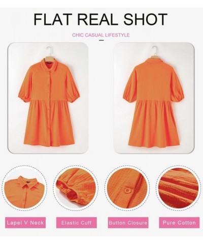 Women's Summer Dress V Neck 3/4 Puff Sleeve Button Down Cotton Shirts Dresses Orange $20.11 Dresses