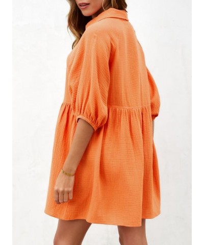 Women's Summer Dress V Neck 3/4 Puff Sleeve Button Down Cotton Shirts Dresses Orange $20.11 Dresses