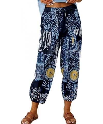 Linen Capri Pants for Women High Waisted Wide Leg Yoga Capris Crop Pants Sweatpants with Pockets 02 Dark Blue $16.00 Pants