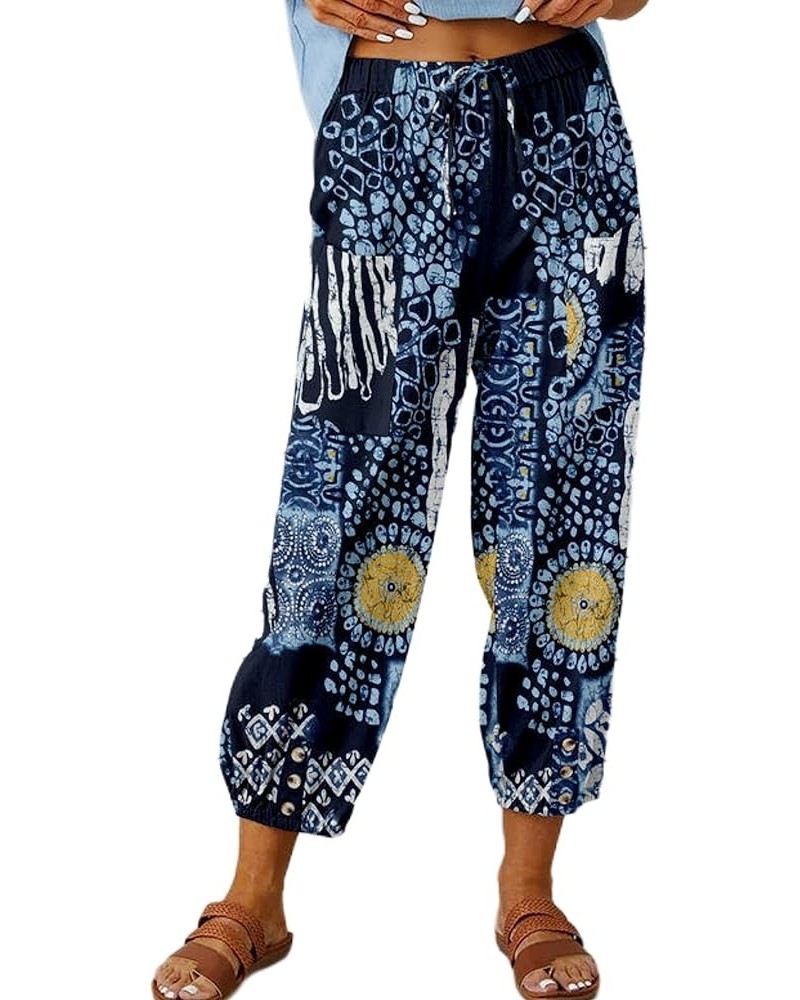 Linen Capri Pants for Women High Waisted Wide Leg Yoga Capris Crop Pants Sweatpants with Pockets 02 Dark Blue $16.00 Pants