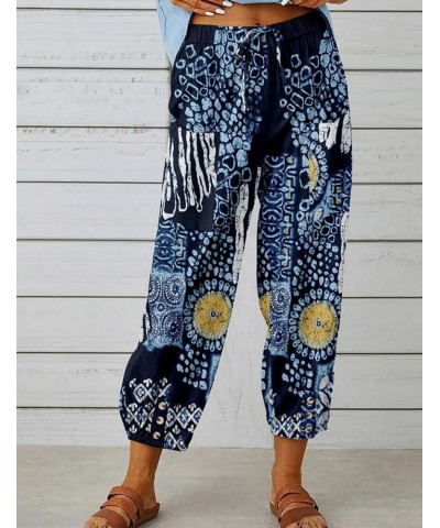 Linen Capri Pants for Women High Waisted Wide Leg Yoga Capris Crop Pants Sweatpants with Pockets 02 Dark Blue $16.00 Pants