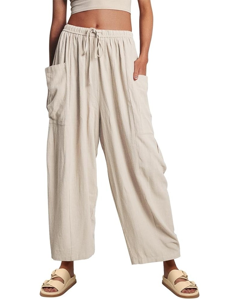 Women's Linen Wide Leg Pants 2024 Casual Loose Lightweigt Beach Palazzo Harem Pants Light Apricot $20.99 Pants