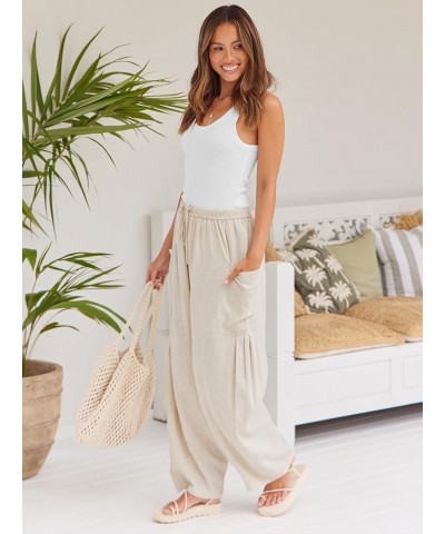 Women's Linen Wide Leg Pants 2024 Casual Loose Lightweigt Beach Palazzo Harem Pants Light Apricot $20.99 Pants