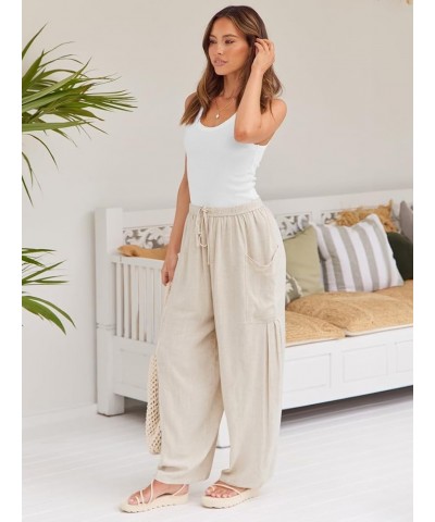 Women's Linen Wide Leg Pants 2024 Casual Loose Lightweigt Beach Palazzo Harem Pants Light Apricot $20.99 Pants