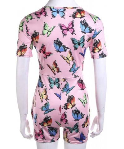 Women 's V-Neck Bodysuit Jumpsuits Print Short onesies Stretch Long Sleeve Pajama Romper Pink Butterfly $7.49 Jumpsuits