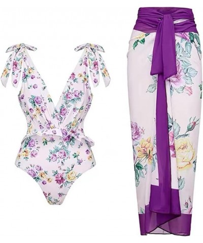 Women 2 Pieces Beach Swimsuit Floral Print Tropical Bikini Swimsuit with Cover up Wrap Skirt Bathing Suits Purple $18.90 Swim...