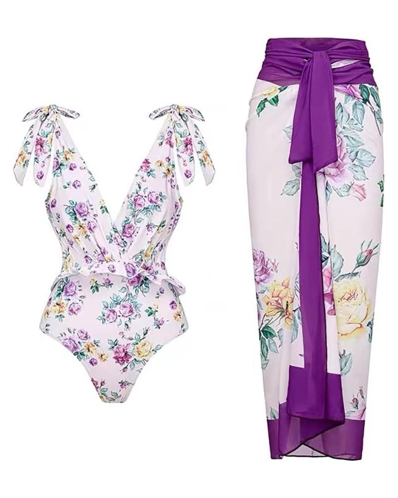 Women 2 Pieces Beach Swimsuit Floral Print Tropical Bikini Swimsuit with Cover up Wrap Skirt Bathing Suits Purple $18.90 Swim...