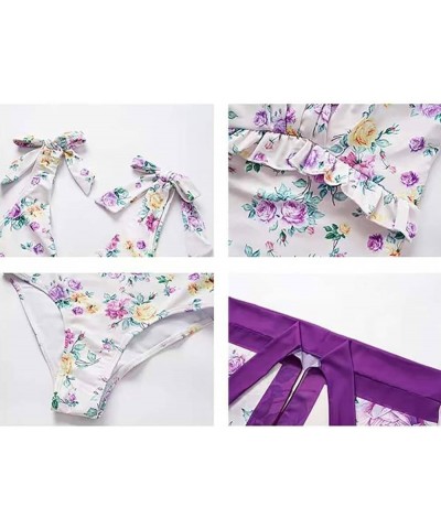 Women 2 Pieces Beach Swimsuit Floral Print Tropical Bikini Swimsuit with Cover up Wrap Skirt Bathing Suits Purple $18.90 Swim...