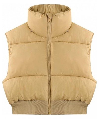 Women's Cropped Puffer Vest Sleeveless Puffer Jacket Padded Gilet Outerwear Winter Full Zip Lightweight Coat Khaki $19.60 Vests