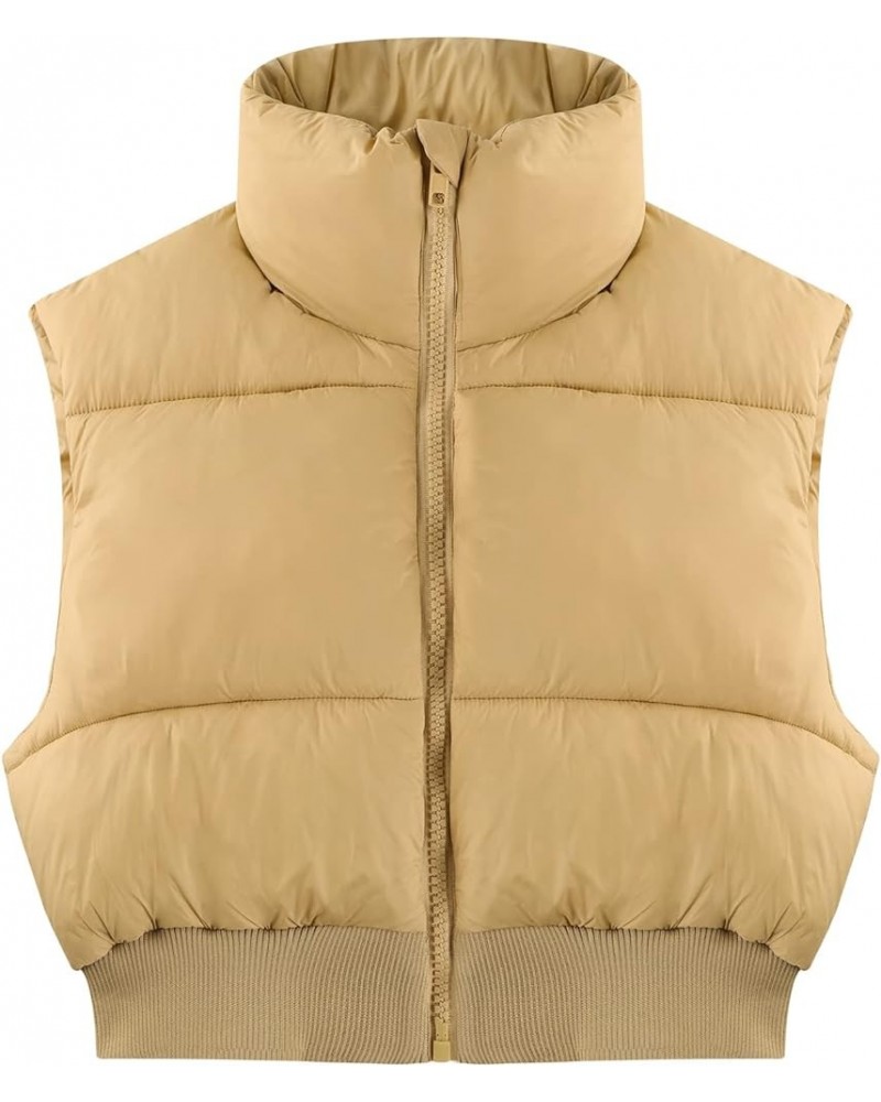 Women's Cropped Puffer Vest Sleeveless Puffer Jacket Padded Gilet Outerwear Winter Full Zip Lightweight Coat Khaki $19.60 Vests