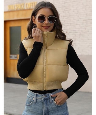 Women's Cropped Puffer Vest Sleeveless Puffer Jacket Padded Gilet Outerwear Winter Full Zip Lightweight Coat Khaki $19.60 Vests