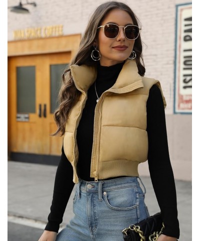 Women's Cropped Puffer Vest Sleeveless Puffer Jacket Padded Gilet Outerwear Winter Full Zip Lightweight Coat Khaki $19.60 Vests