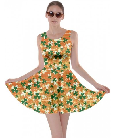 Womens Irish Outfits Green Shamrock Pattern ST Patrick's Day Clover Leaves Leprechauns Skater Dress, XS-5XL Orange Lucky Sham...