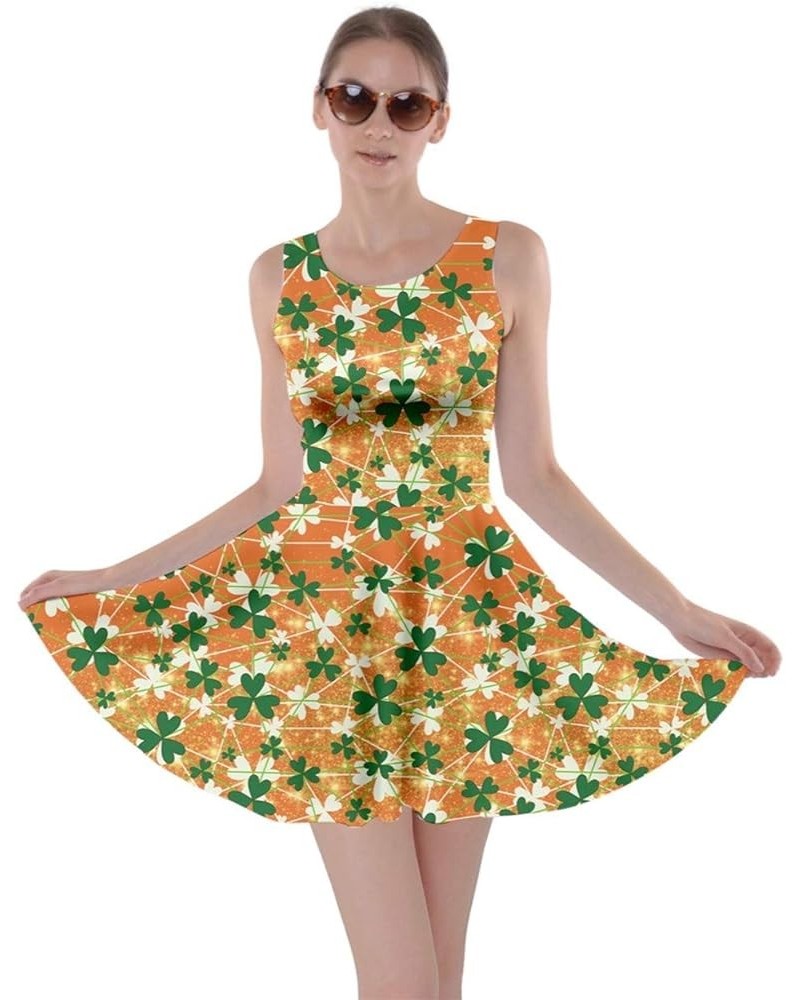 Womens Irish Outfits Green Shamrock Pattern ST Patrick's Day Clover Leaves Leprechauns Skater Dress, XS-5XL Orange Lucky Sham...