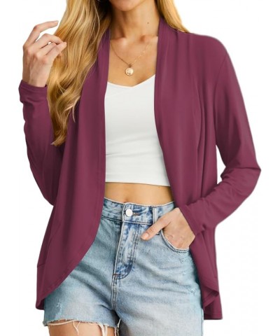 Womens Casual Lightweight with Pocketes Long Sleeve Open Front Cardigan C07 Purple Red $10.79 Sweaters