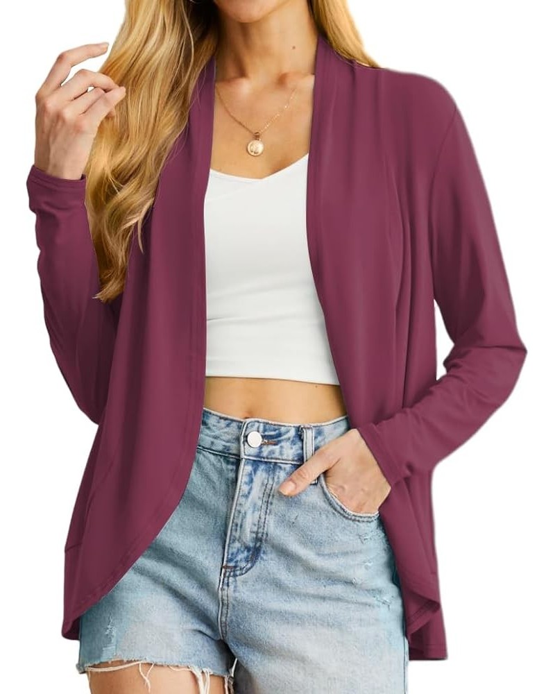 Womens Casual Lightweight with Pocketes Long Sleeve Open Front Cardigan C07 Purple Red $10.79 Sweaters