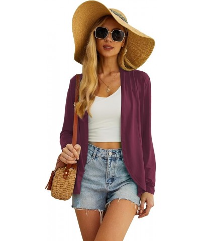 Womens Casual Lightweight with Pocketes Long Sleeve Open Front Cardigan C07 Purple Red $10.79 Sweaters