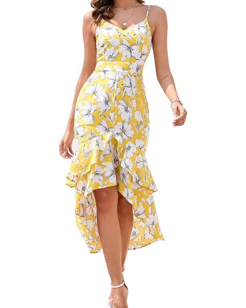 Women's 2023 Bohemian Floral Printed V Neck Ruffle Hem A-Line Short Sleeve Split Beach Party Maxi Dress Yellow1 $20.24 Dresses