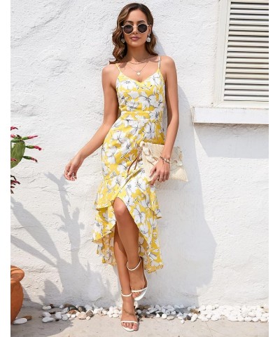 Women's 2023 Bohemian Floral Printed V Neck Ruffle Hem A-Line Short Sleeve Split Beach Party Maxi Dress Yellow1 $20.24 Dresses