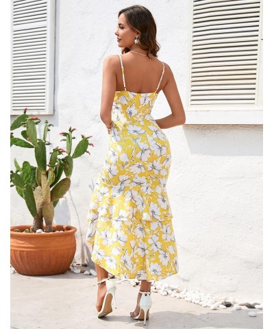 Women's 2023 Bohemian Floral Printed V Neck Ruffle Hem A-Line Short Sleeve Split Beach Party Maxi Dress Yellow1 $20.24 Dresses