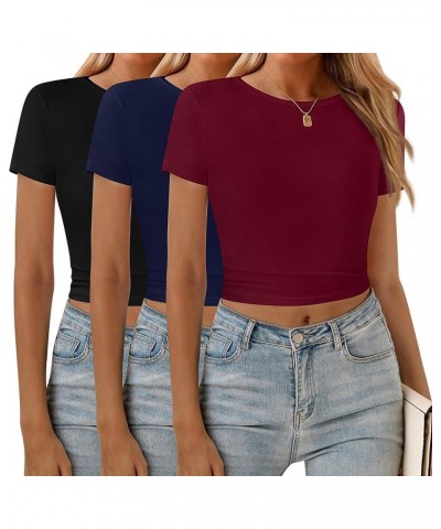 3 Pcs Women's Crop Top Crewneck Top Women Short Sleeve Crop Tshirt Round Neck Tee Shirt Womens Basic Crop Top Black, Navy Blu...