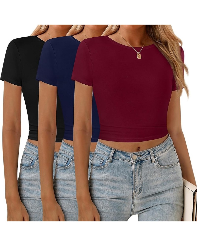 3 Pcs Women's Crop Top Crewneck Top Women Short Sleeve Crop Tshirt Round Neck Tee Shirt Womens Basic Crop Top Black, Navy Blu...