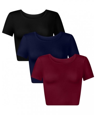 3 Pcs Women's Crop Top Crewneck Top Women Short Sleeve Crop Tshirt Round Neck Tee Shirt Womens Basic Crop Top Black, Navy Blu...