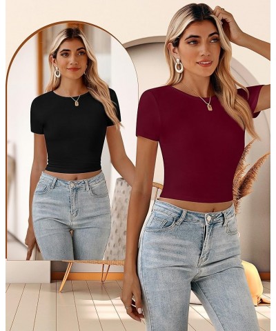 3 Pcs Women's Crop Top Crewneck Top Women Short Sleeve Crop Tshirt Round Neck Tee Shirt Womens Basic Crop Top Black, Navy Blu...