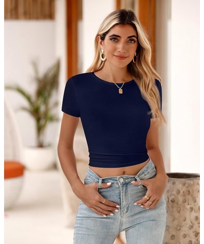 3 Pcs Women's Crop Top Crewneck Top Women Short Sleeve Crop Tshirt Round Neck Tee Shirt Womens Basic Crop Top Black, Navy Blu...