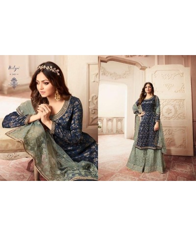 Pakistani Dresses for Women Palazzo Style Embroidered Salwar Kameez Suit Nitya 5401 Navy Blue $39.20 Dresses