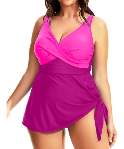 Plus Size One Piece Swimsuits for Women Flowy Asymmetrical Hem Swim Dress with Shorts Built in Pink Patchwork $24.74 Swimsuits