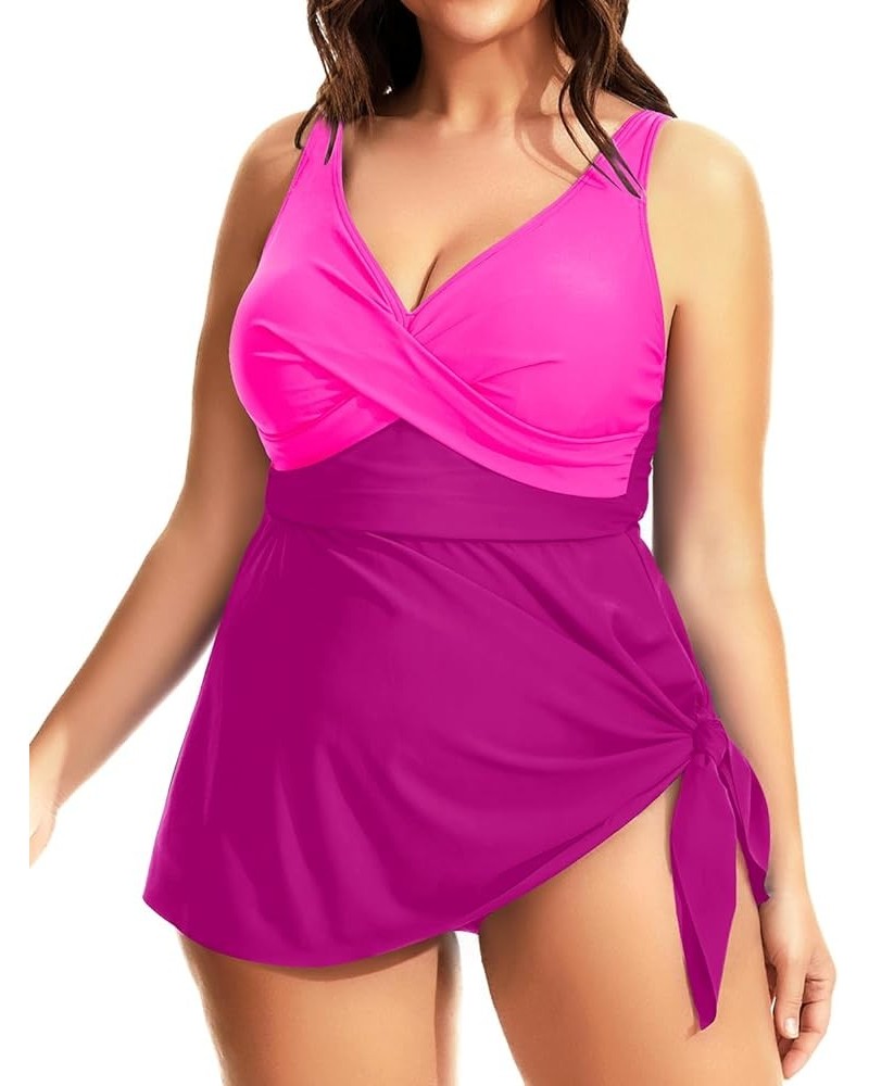 Plus Size One Piece Swimsuits for Women Flowy Asymmetrical Hem Swim Dress with Shorts Built in Pink Patchwork $24.74 Swimsuits