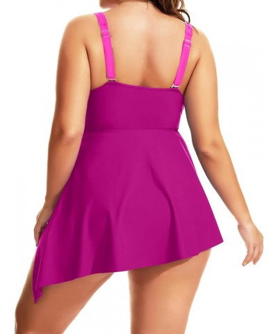 Plus Size One Piece Swimsuits for Women Flowy Asymmetrical Hem Swim Dress with Shorts Built in Pink Patchwork $24.74 Swimsuits