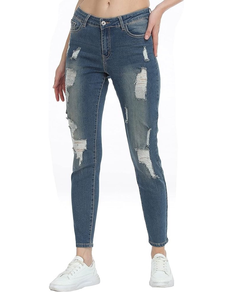 Women's Stretch Skinny Ripped Distressed Jeans Classic Wash Destroyed Hole Jeans 01 Vintage Blue $12.74 Jeans