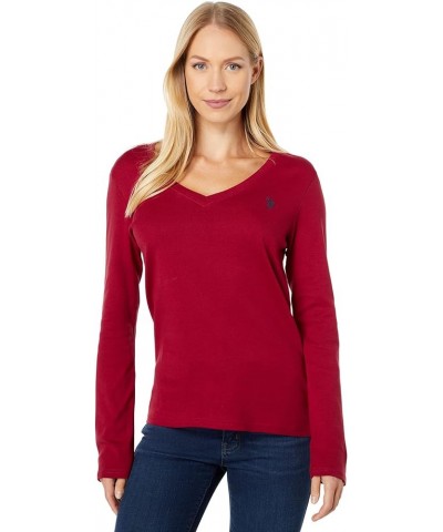 Women's Ribbed V-Neck T-Shirt Rhythmic Red $10.58 T-Shirts